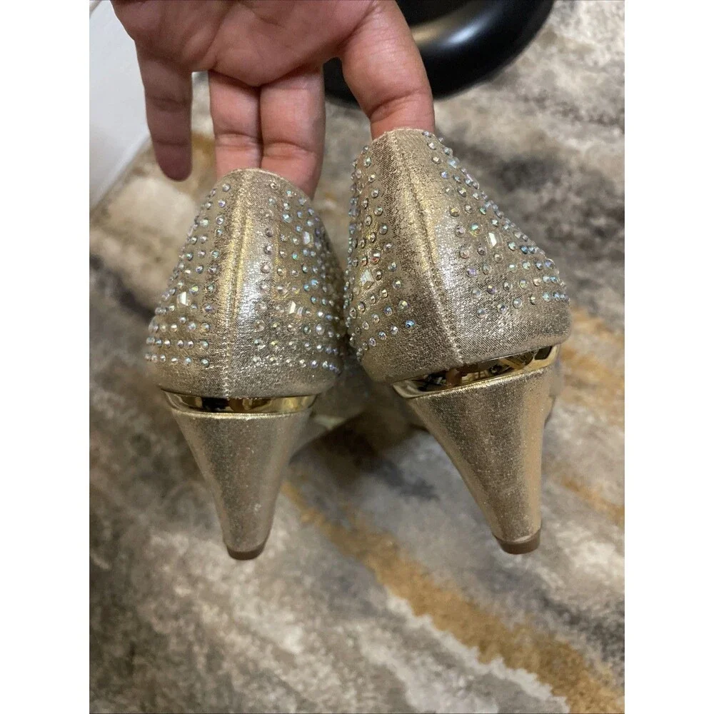 First Sight Gold Rhinestone Wedge Heels Womens 6 Open Toe Party Wedding Shoes